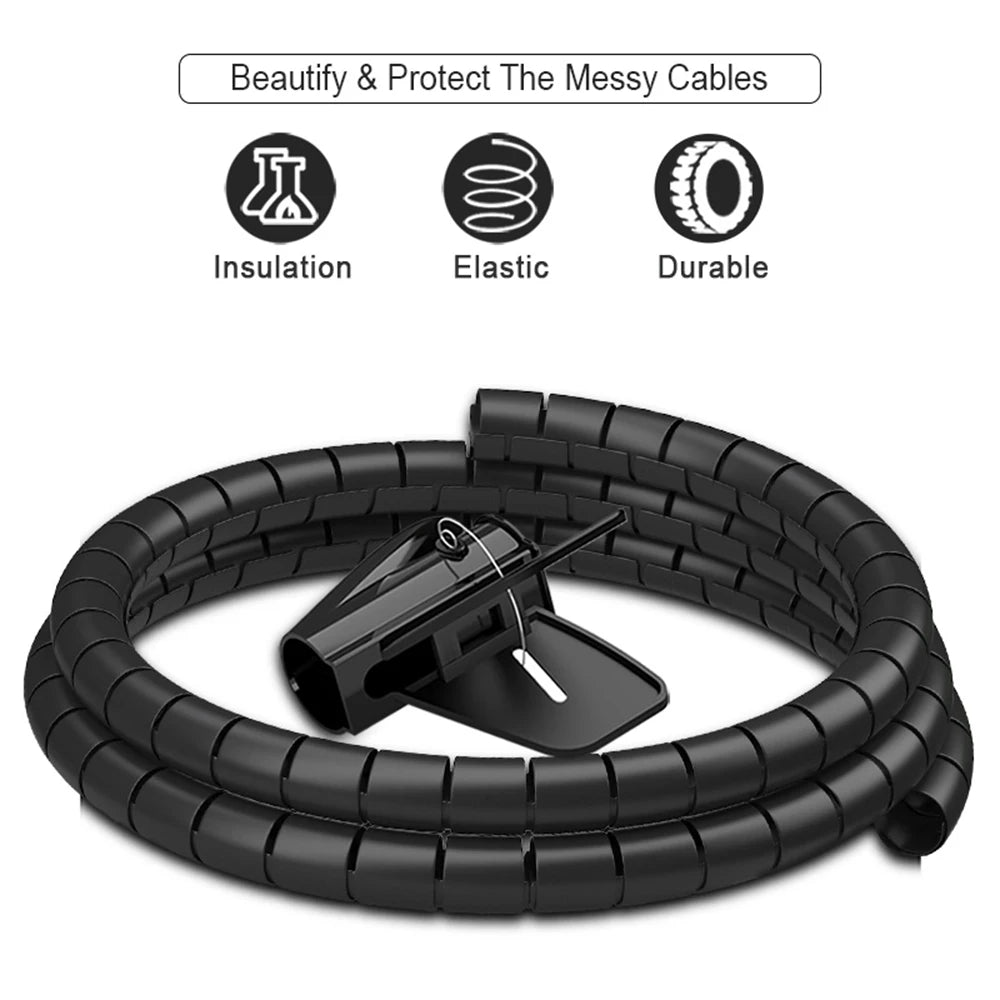 2M 16/10mm Flexible Spiral Cable Wire Protector Cable Organizer Computer Cord Protective Tube Clip Organizer Management Tools