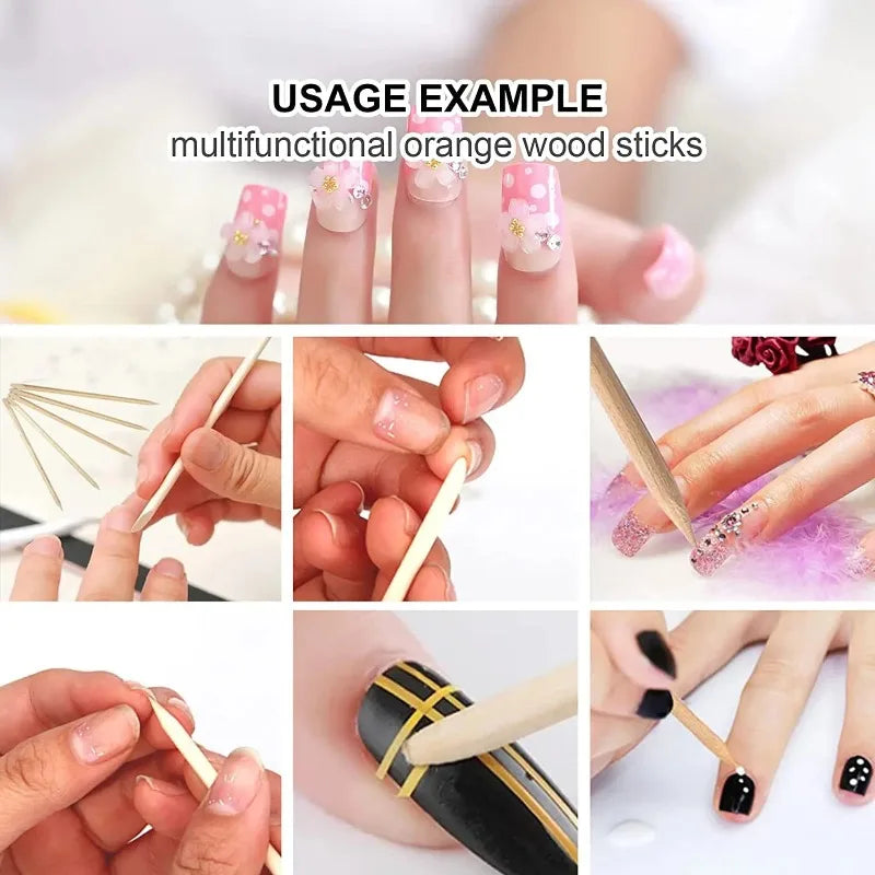 100/50Pcs Orange Wood Nail Sticks Double Sided Cuticle Pusher Remover Rhinestones Dotting Tools Nail Art Manicure Pedicure Care