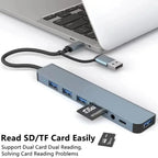 TYPE-C Hub USB3.0 Hub 8 in 2 USB Extender with SD/TF Card Reader& 3.5mm Audio Jack for MacBook/PC/Laptop/Tablet Devices Splitter