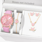 5/6PCS Fashion Women's Quartz Watch Leather Band Analog Wrist Watches Heart Rhinestone Jewelry Set(Without Box)