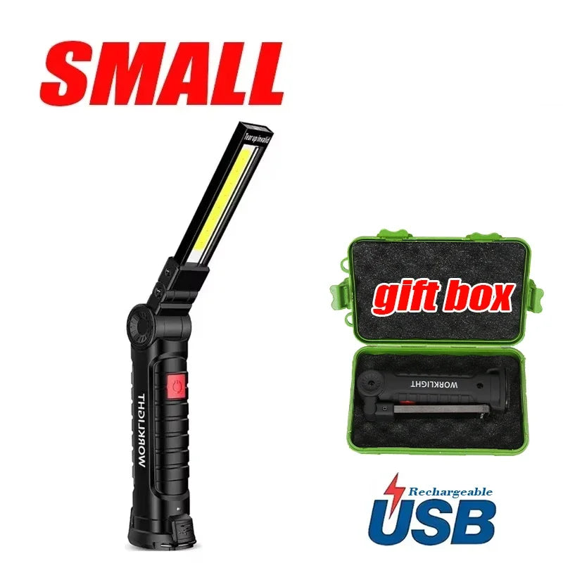 Lampe de travail LED COB rechargeable USB, torche d’inspection magnétique avec crochet luminosité réglable, batterie 18650 outil