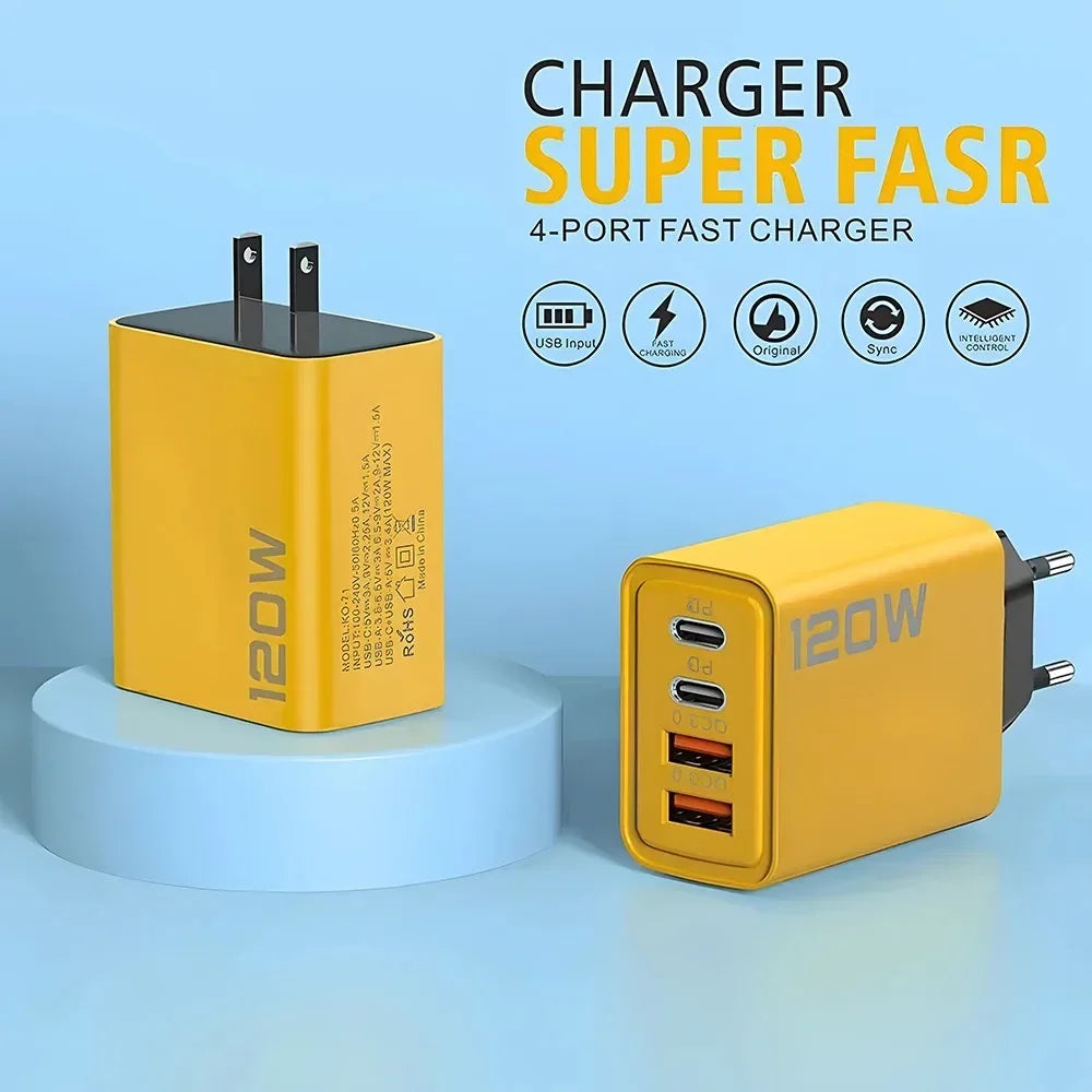 120W Total Fast Charging Quick Charger PD USB Type-C Wall Adapter for iPhone 16/15/14 Xiaomi Huawei Redmi Oneplus  Phone Charger