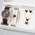5/6PCS Fashion Women's Quartz Watch Leather Band Analog Wrist Watches Heart Rhinestone Jewelry Set(Without Box)