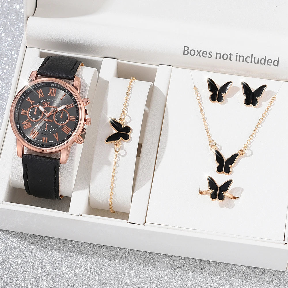 5/6PCS Fashion Women's Quartz Watch Leather Band Analog Wrist Watches Heart Rhinestone Jewelry Set(Without Box)