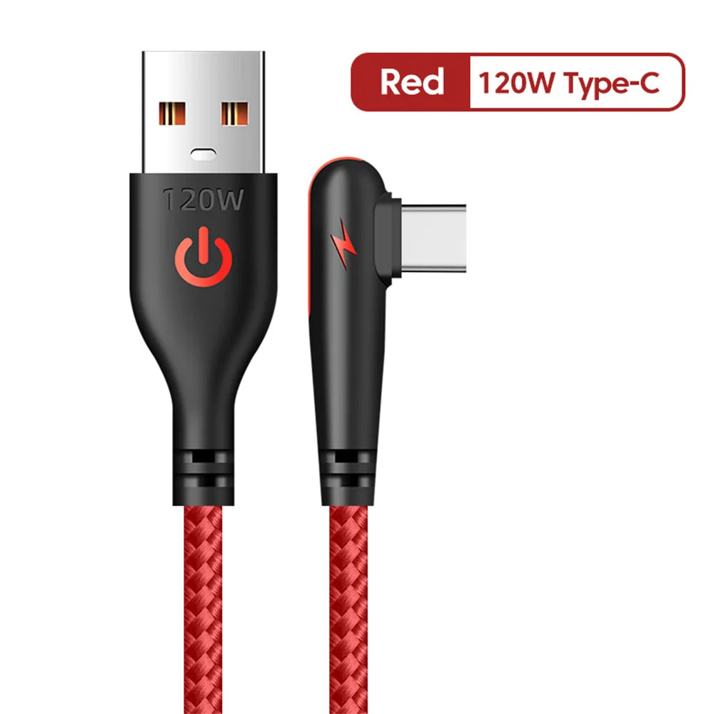 90 degrés Coude USB Type C Câble 120W Chargeur de téléphone à charge rapide Câble de données pour Samsung Xiaomi Huawei Charge rapide USB C