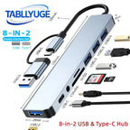 TYPE-C Hub USB3.0 Hub 8 in 2 USB Extender with SD/TF Card Reader& 3.5mm Audio Jack for MacBook/PC/Laptop/Tablet Devices Splitter