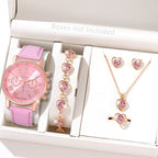 5/6PCS Fashion Women's Quartz Watch Leather Band Analog Wrist Watches Heart Rhinestone Jewelry Set(Without Box)