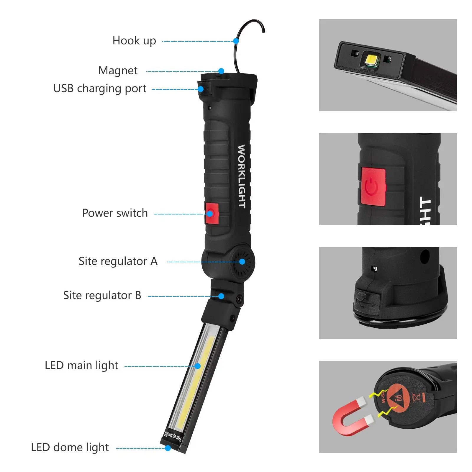 Lampe de travail LED COB rechargeable USB, torche d’inspection magnétique avec crochet luminosité réglable, batterie 18650 outil