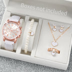 5/6PCS Fashion Women's Quartz Watch Leather Band Analog Wrist Watches Heart Rhinestone Jewelry Set(Without Box)