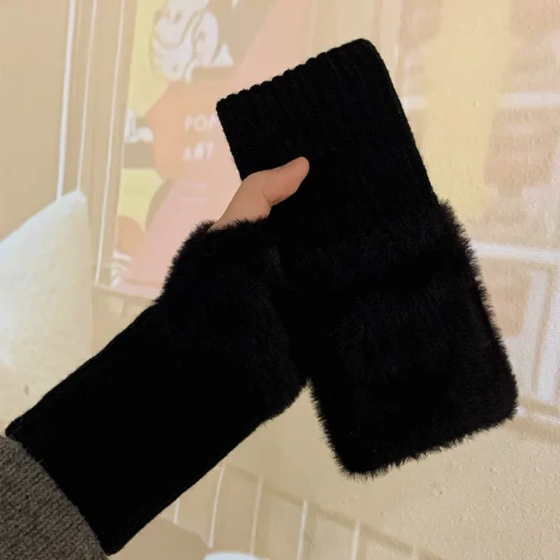 Soft Winter Half Finger Gloves Women Warm Luxury Solid White Plush Knitted Fingerless Gloves Wrist Mittens Writting