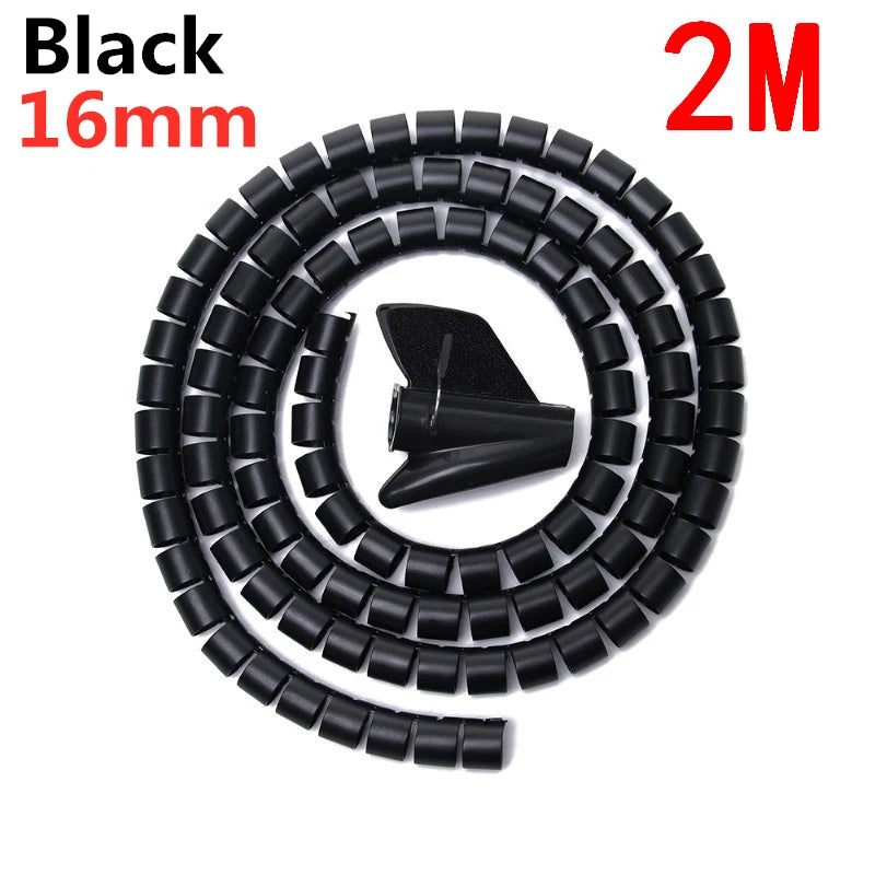 2M 16/10mm Flexible Spiral Cable Wire Protector Cable Organizer Computer Cord Protective Tube Clip Organizer Management Tools