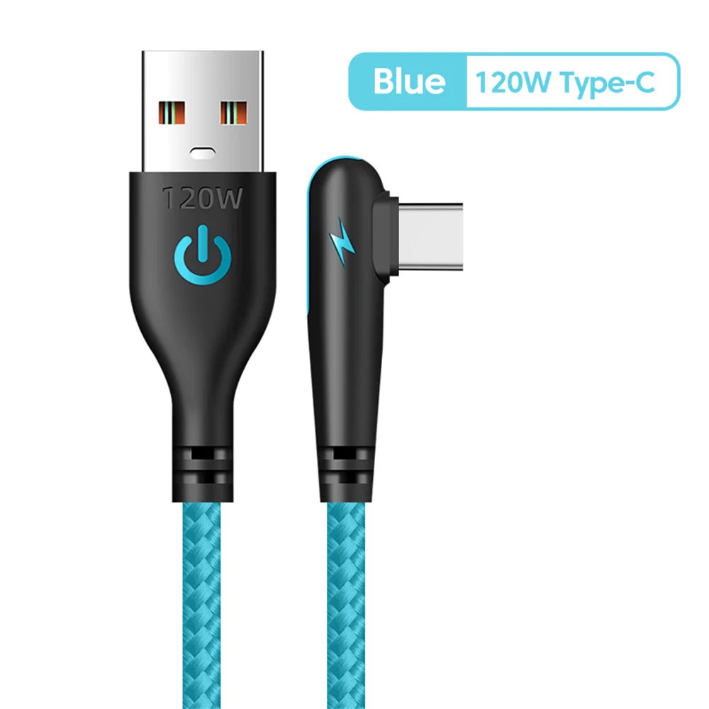 90 degrés Coude USB Type C Câble 120W Chargeur de téléphone à charge rapide Câble de données pour Samsung Xiaomi Huawei Charge rapide USB C