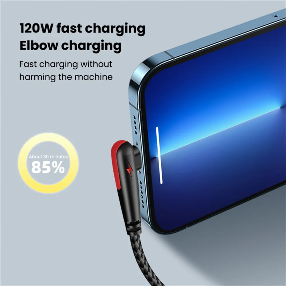 90 degrés Coude USB Type C Câble 120W Chargeur de téléphone à charge rapide Câble de données pour Samsung Xiaomi Huawei Charge rapide USB C