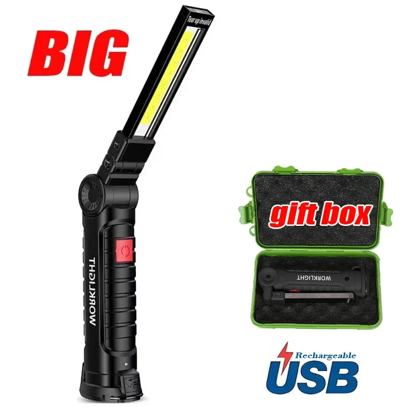 Lampe de travail LED COB rechargeable USB, torche d’inspection magnétique avec crochet luminosité réglable, batterie 18650 outil