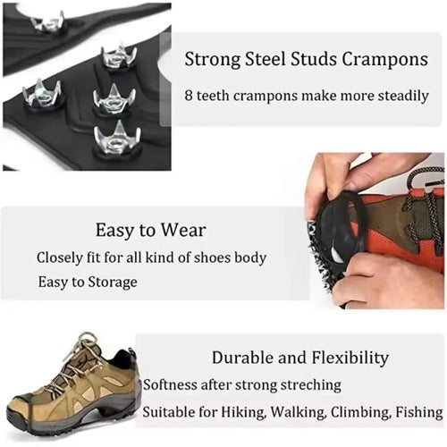 1Pair Shoe Spikes for Snow Footwear Winter Grip Walk Traction Cleats 8-Teeth for Outdoor Enthusiasts Men Women Adults Climbing