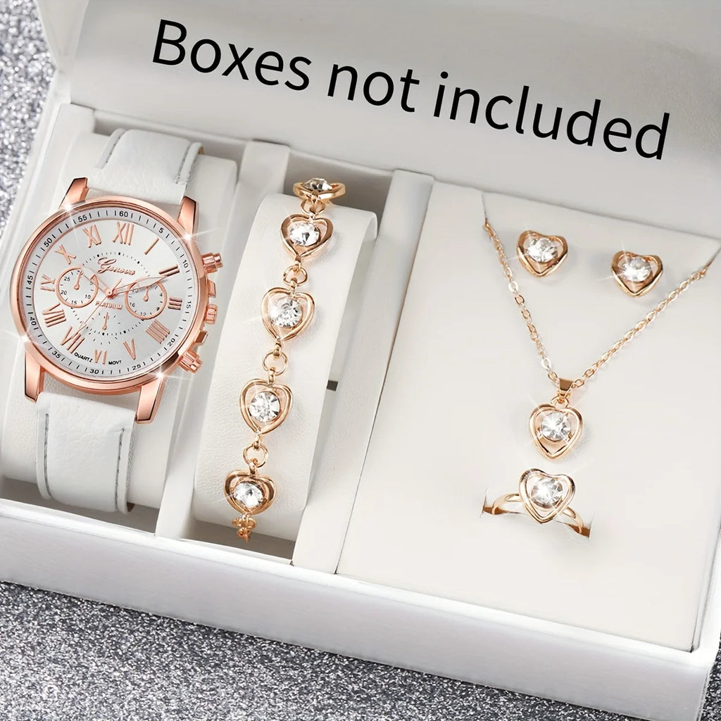 5/6PCS Fashion Women's Quartz Watch Leather Band Analog Wrist Watches Heart Rhinestone Jewelry Set(Without Box)