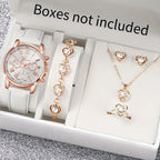 5/6PCS Fashion Women's Quartz Watch Leather Band Analog Wrist Watches Heart Rhinestone Jewelry Set(Without Box)