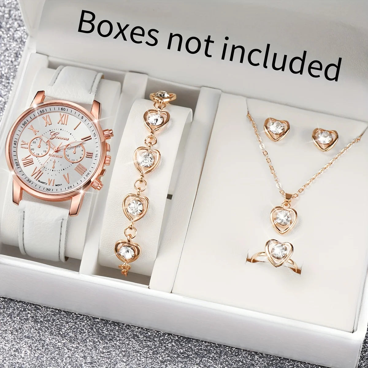 5/6PCS Fashion Women's Quartz Watch Leather Band Analog Wrist Watches Heart Rhinestone Jewelry Set(Without Box)