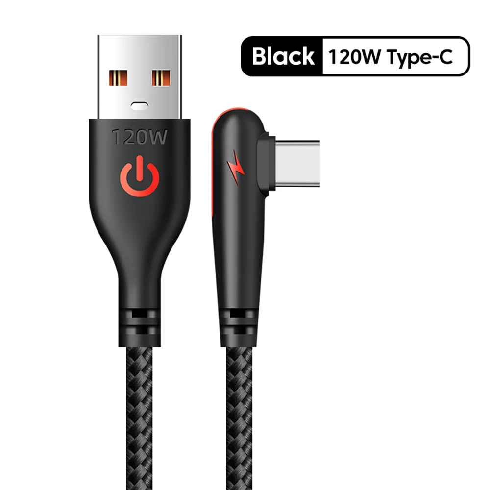 90 degrés Coude USB Type C Câble 120W Chargeur de téléphone à charge rapide Câble de données pour Samsung Xiaomi Huawei Charge rapide USB C