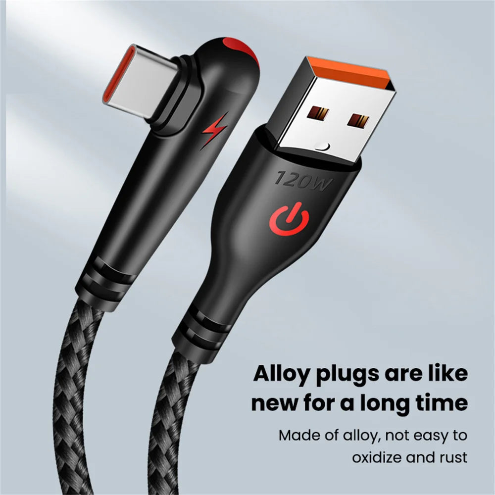 90 degrés Coude USB Type C Câble 120W Chargeur de téléphone à charge rapide Câble de données pour Samsung Xiaomi Huawei Charge rapide USB C