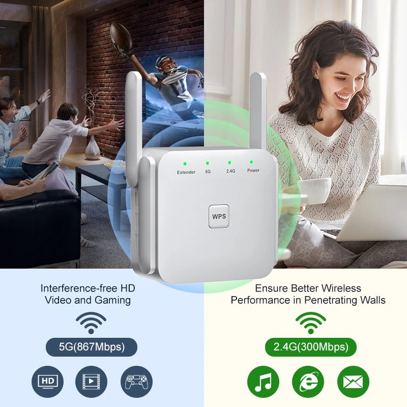 5Ghz WiFi Repeater AC1200 Wi-Fi Booster WiFi Extender Amplificateur 2.4G/5GHz Wi-Fi Signal Booster Point d'accès réseau longue portée
