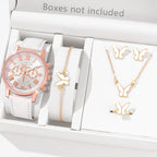 5/6PCS Fashion Women's Quartz Watch Leather Band Analog Wrist Watches Heart Rhinestone Jewelry Set(Without Box)