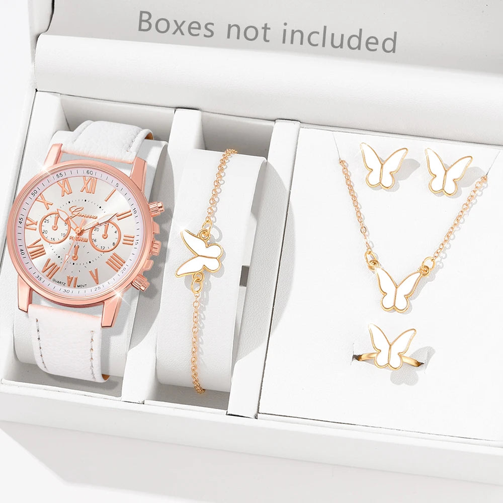 5/6PCS Fashion Women's Quartz Watch Leather Band Analog Wrist Watches Heart Rhinestone Jewelry Set(Without Box)