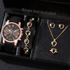 5/6PCS Fashion Women's Quartz Watch Leather Band Analog Wrist Watches Heart Rhinestone Jewelry Set(Without Box)