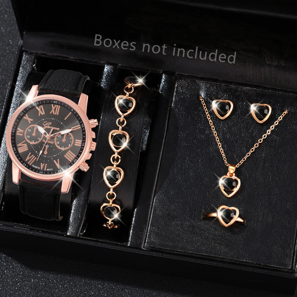 5/6PCS Fashion Women's Quartz Watch Leather Band Analog Wrist Watches Heart Rhinestone Jewelry Set(Without Box)