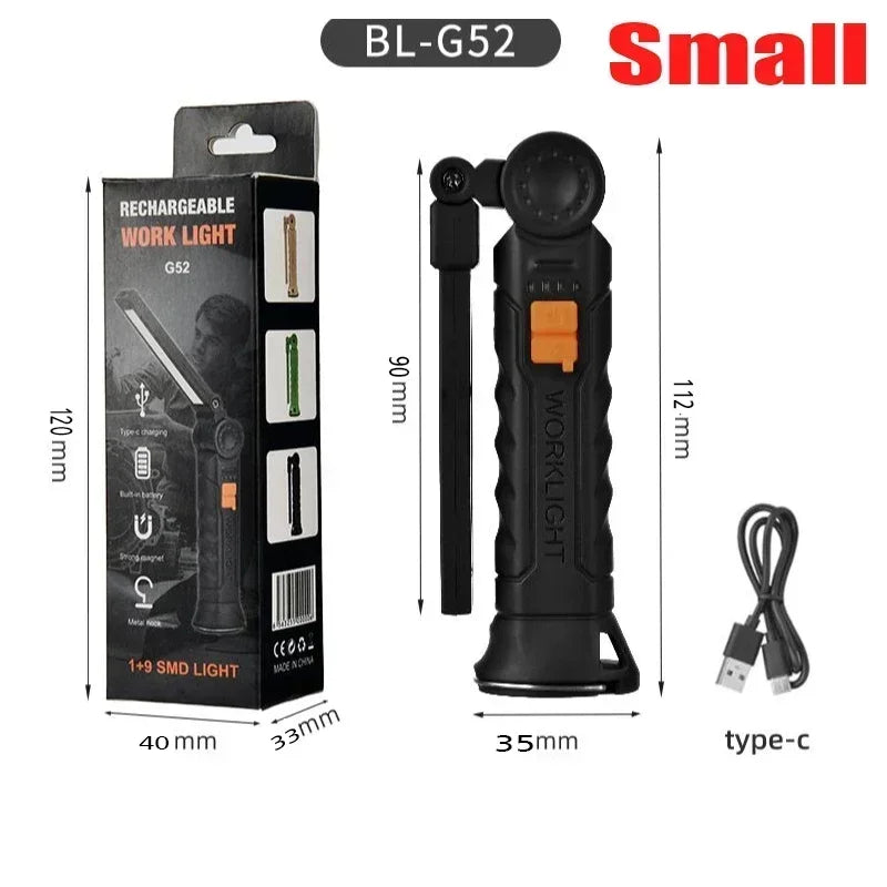 Lampe de travail LED COB rechargeable USB, torche d’inspection magnétique avec crochet luminosité réglable, batterie 18650 outil