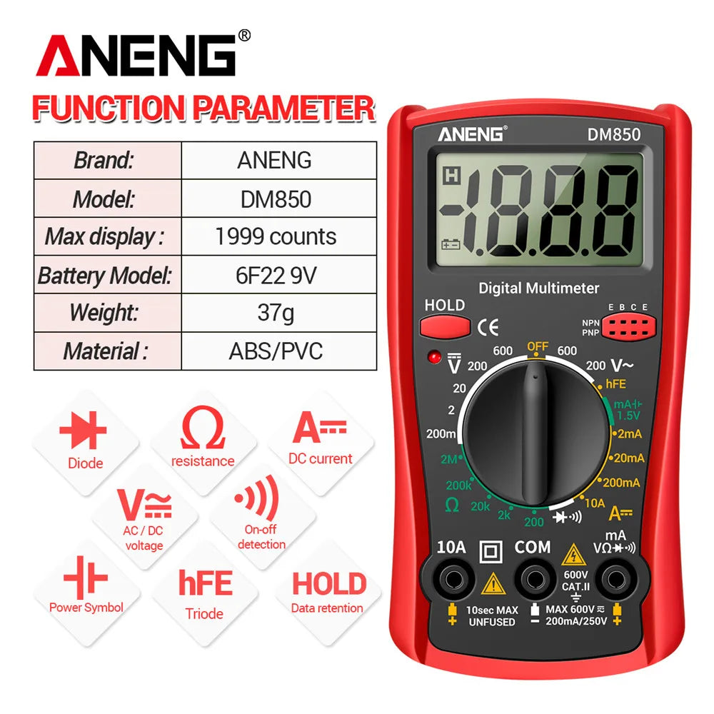 Smart Digital Multimeter Automatic 1999 Count AC/DC Current Voltage Handheld ANENG DM850 Buzzer Resistance Diode Electrician Tes